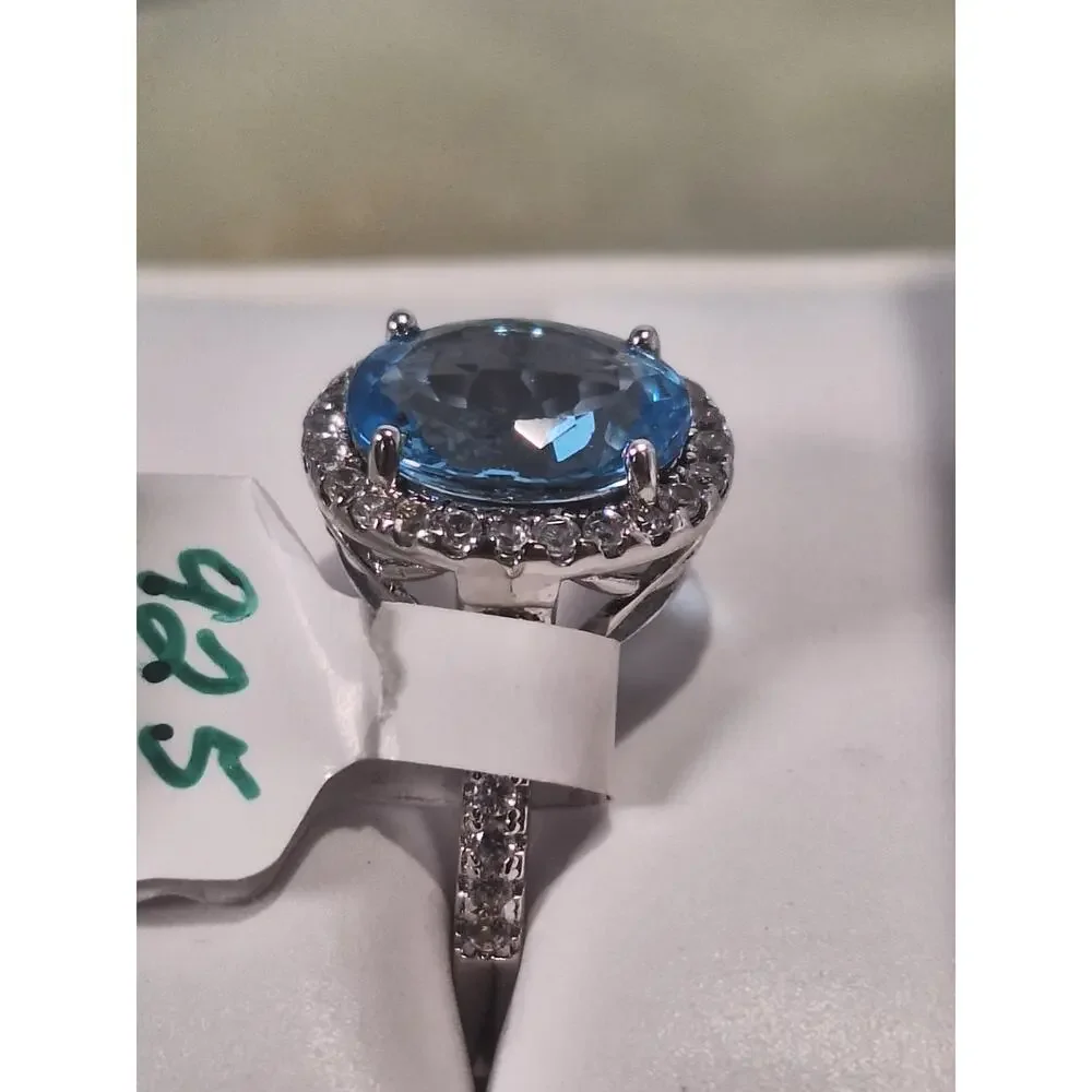 925 Sterling Silver Blue 2.60ct Topaz Halo Ring Oval Light Blue Size 6.5 NIB